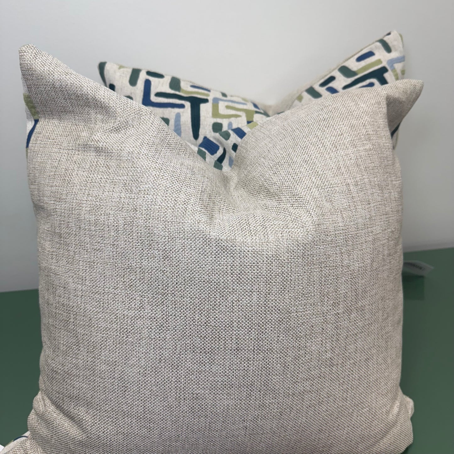 Taupe Linen Pillows with Blue + Green Geometric Design