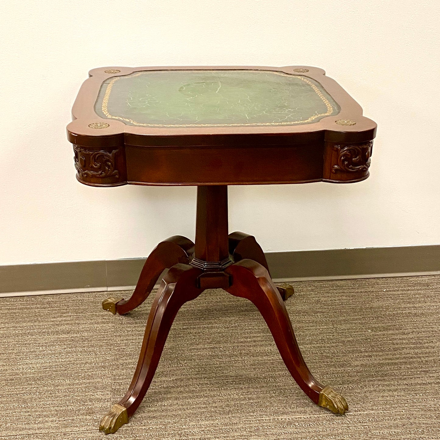Antique Mahogany Accent Table with Green Leather Top