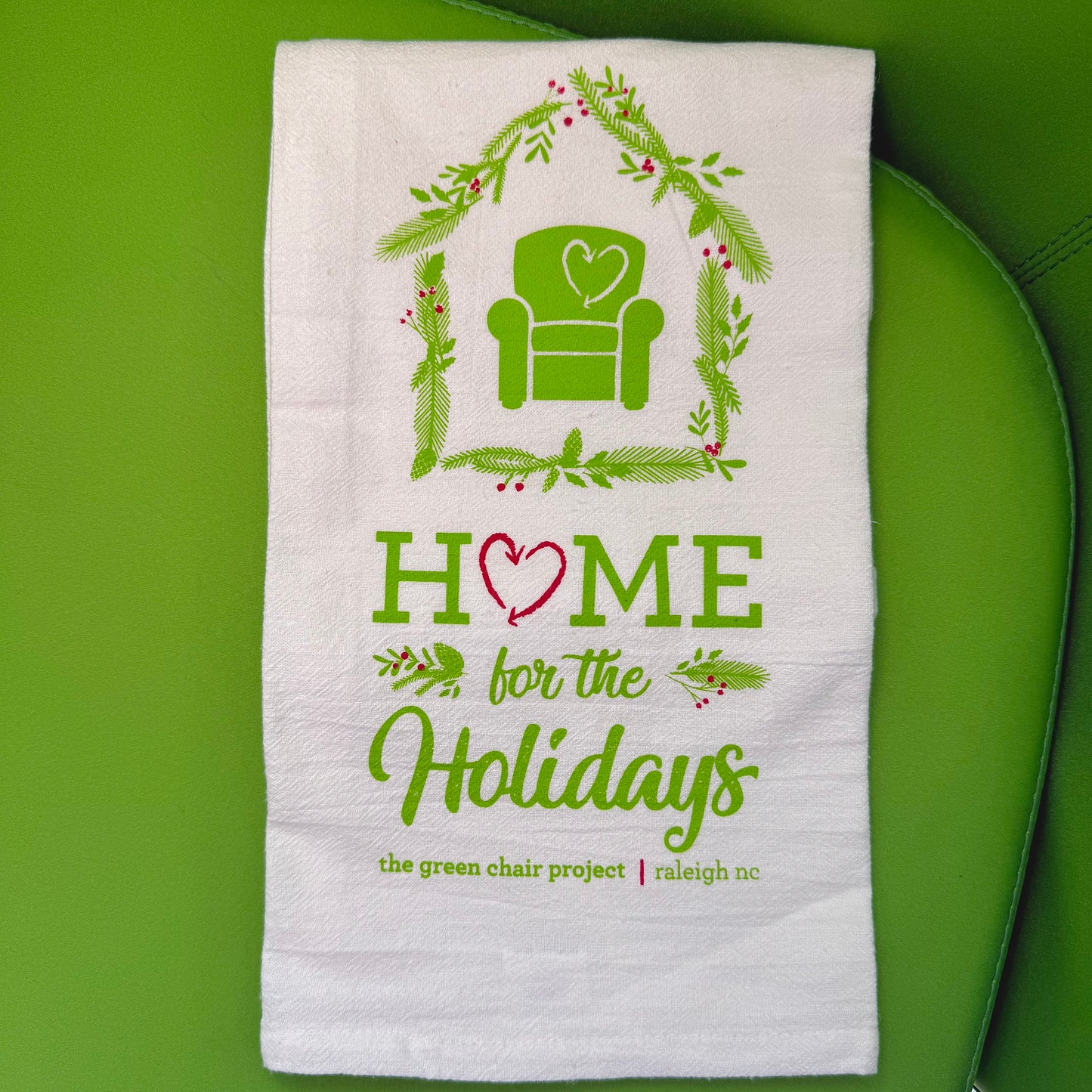 "Home for The Holidays" Green Chair Tea Towel