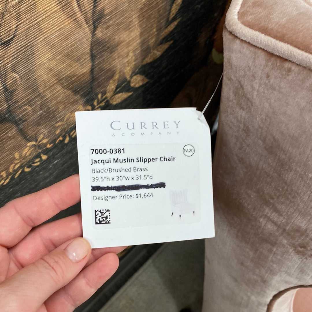 PAIR of Currey & Co pink velvet slipper chairs