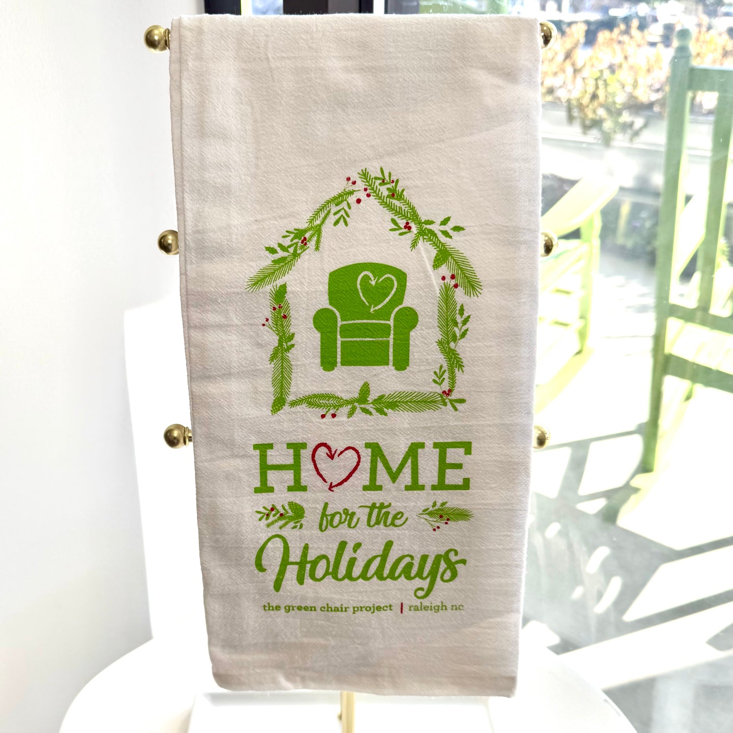 "Home for The Holidays" Green Chair Tea Towel
