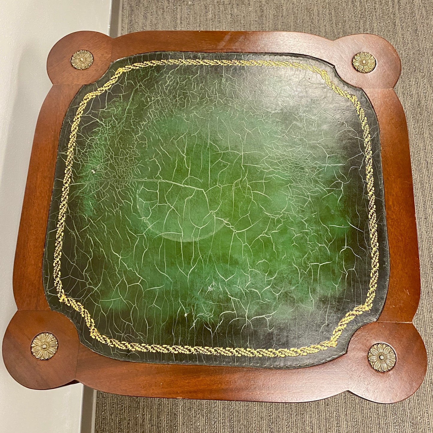 Antique Mahogany Accent Table with Green Leather Top