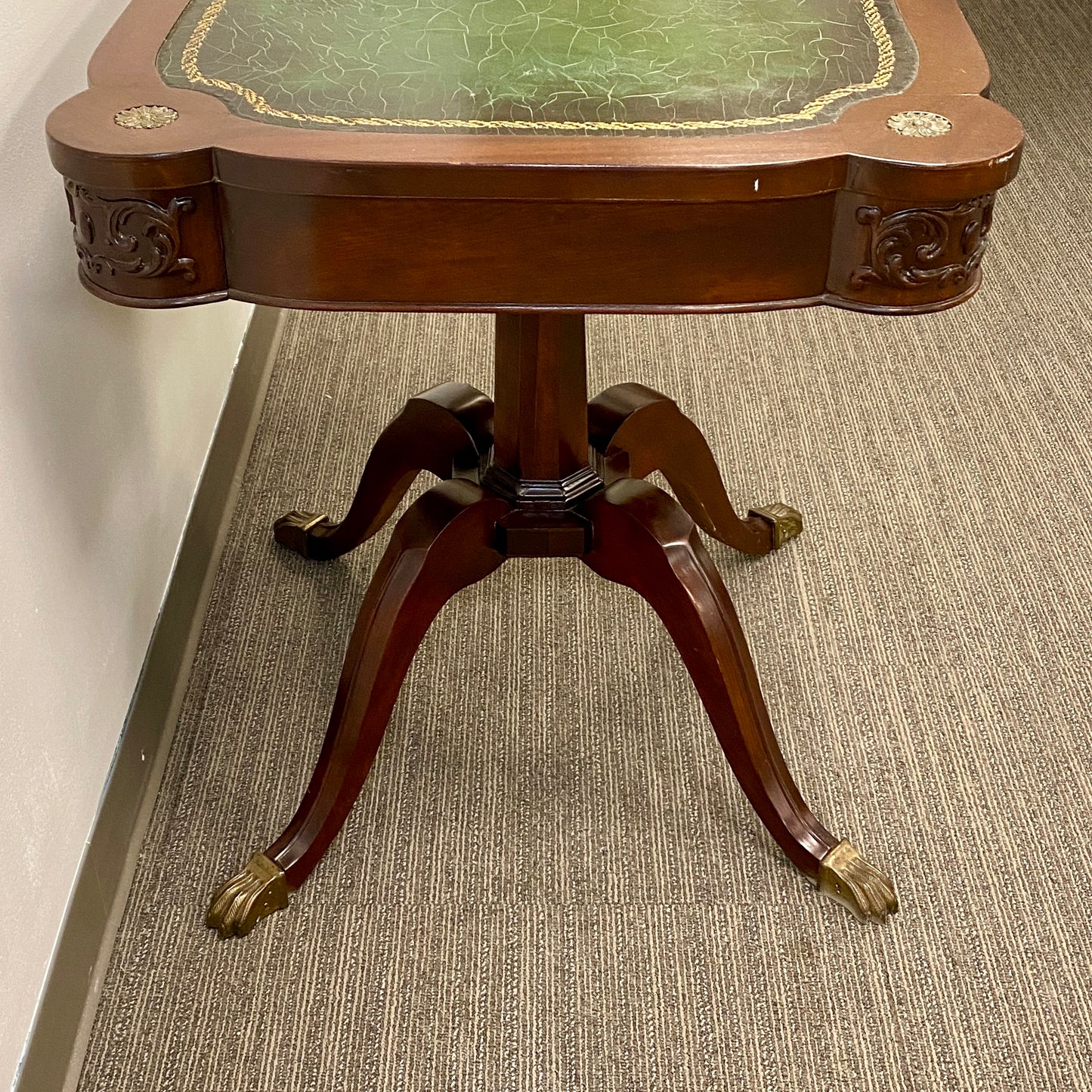 Antique Mahogany Accent Table with Green Leather Top