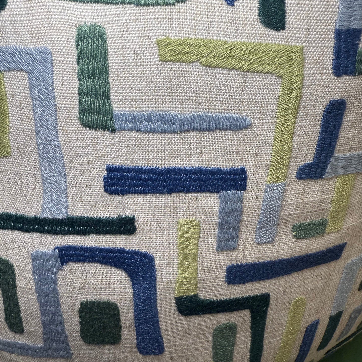 Taupe Linen Pillows with Blue + Green Geometric Design