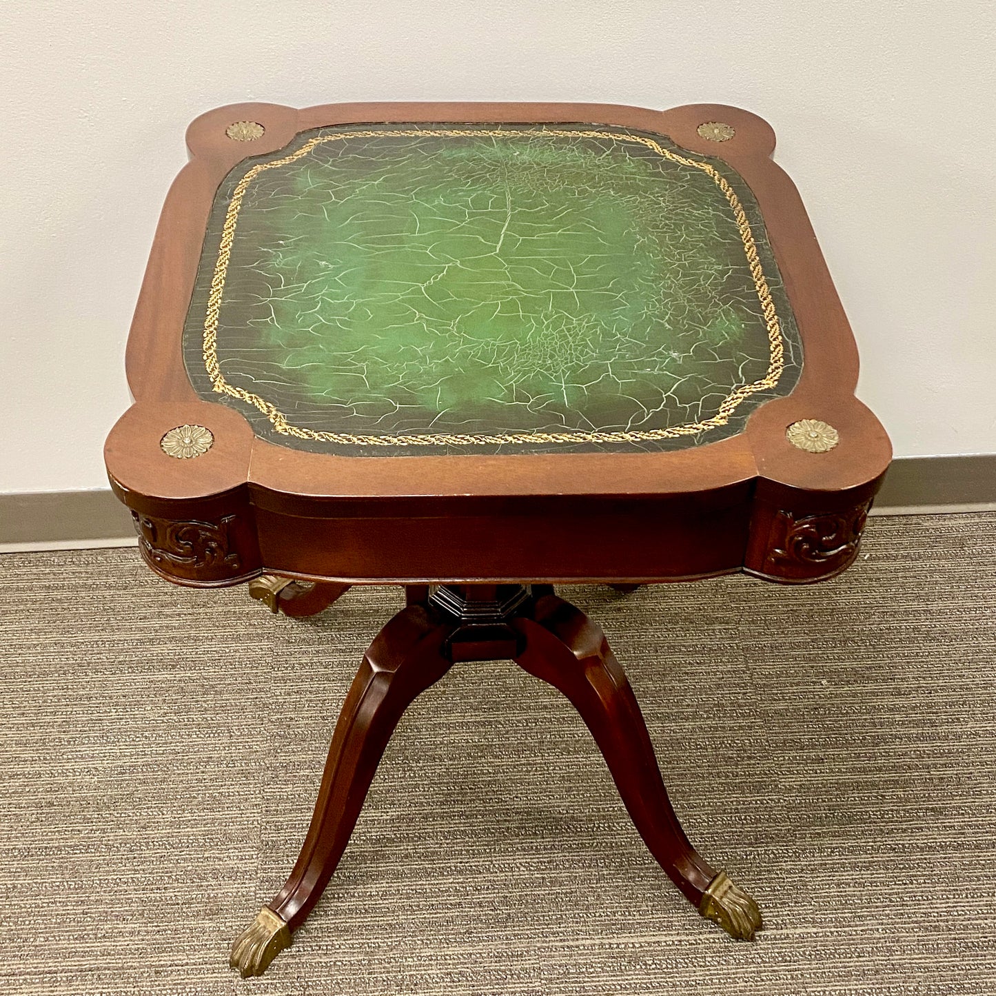 Antique Mahogany Accent Table with Green Leather Top