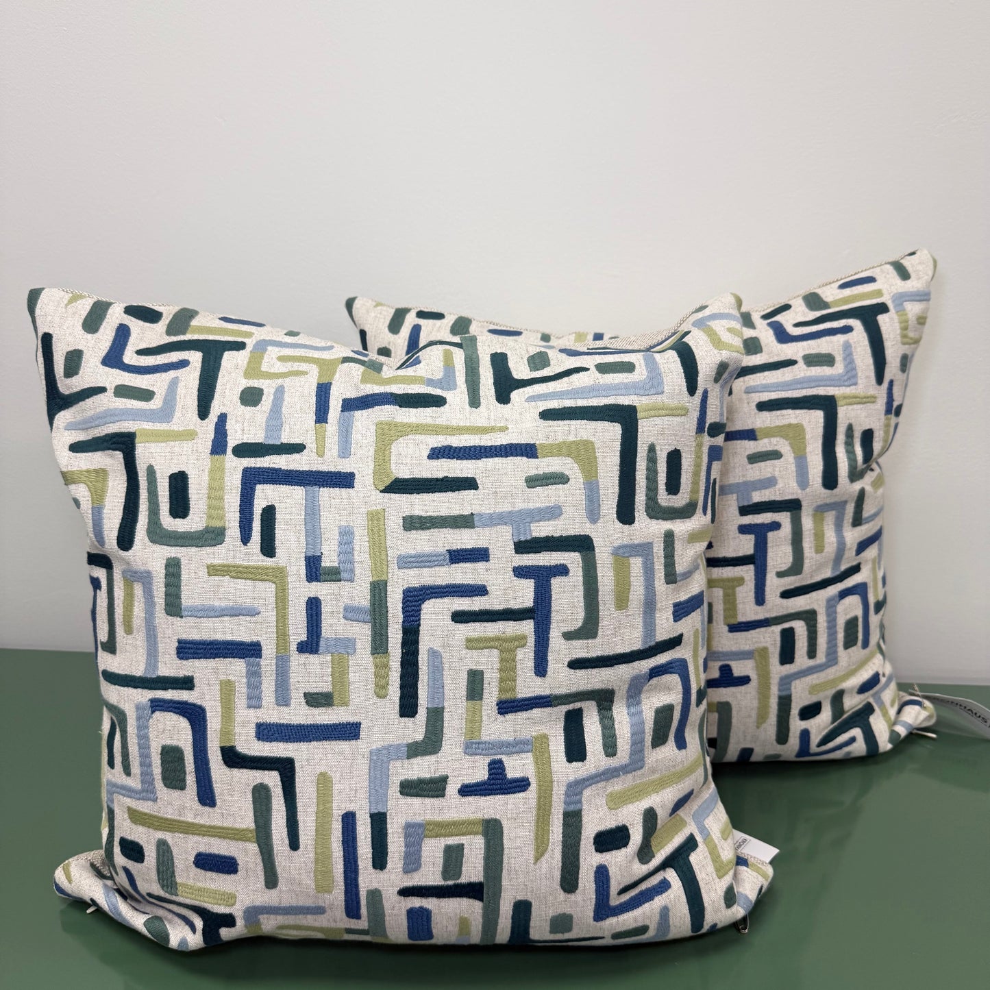 Taupe Linen Pillows with Blue + Green Geometric Design
