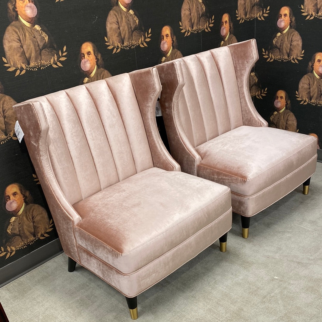 PAIR of Currey & Co pink velvet slipper chairs