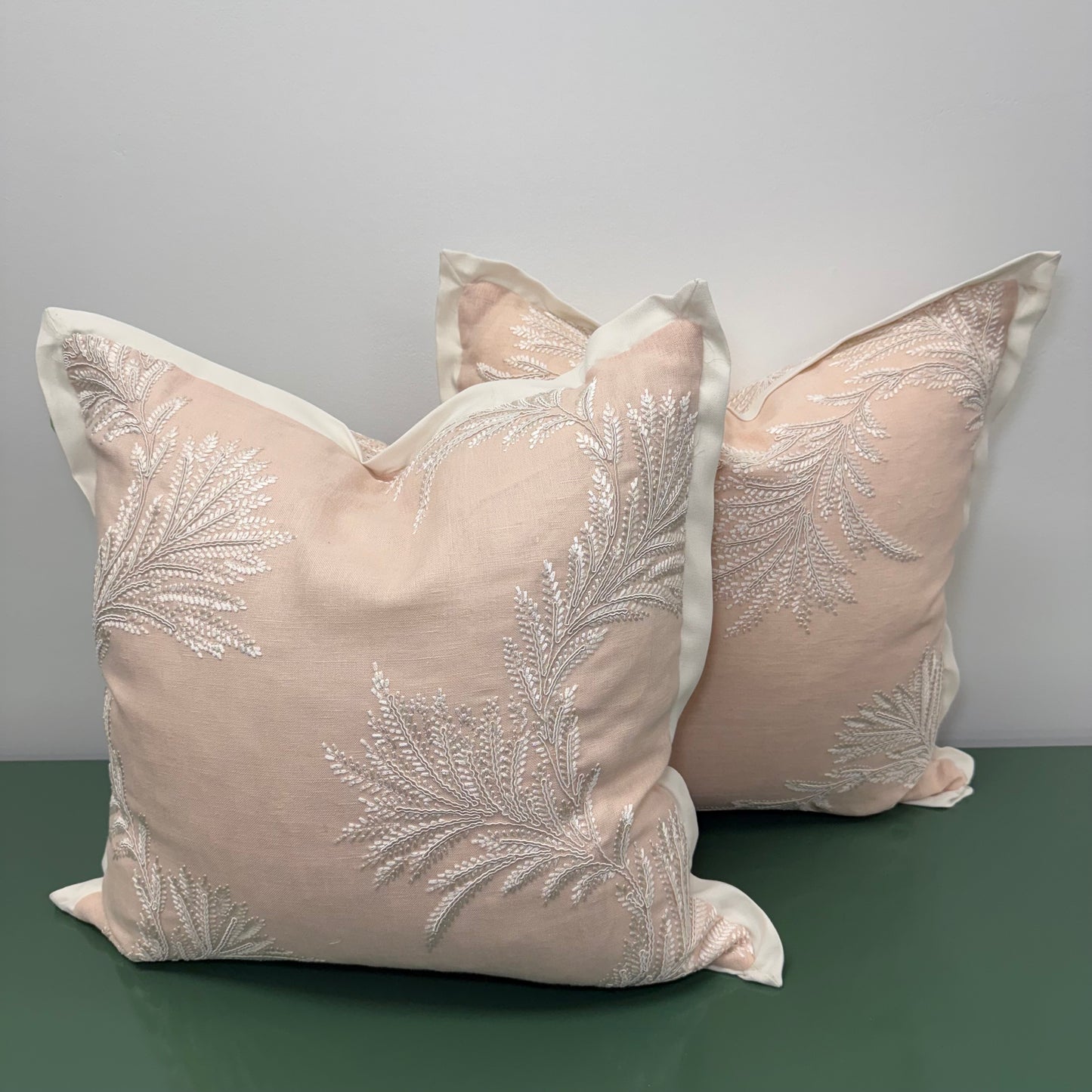 Embroidered Blush Linen Pillows