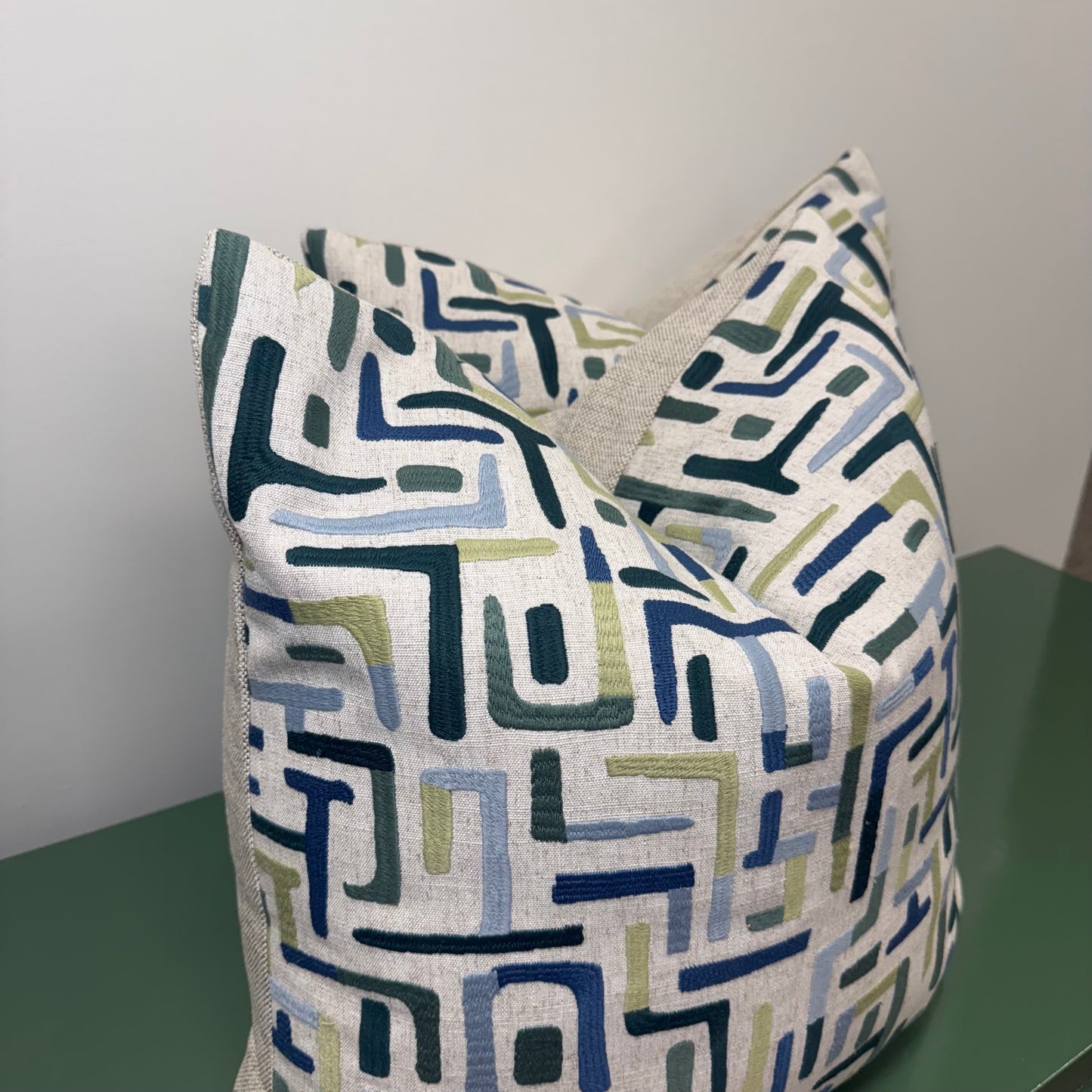 Taupe Linen Pillows with Blue + Green Geometric Design