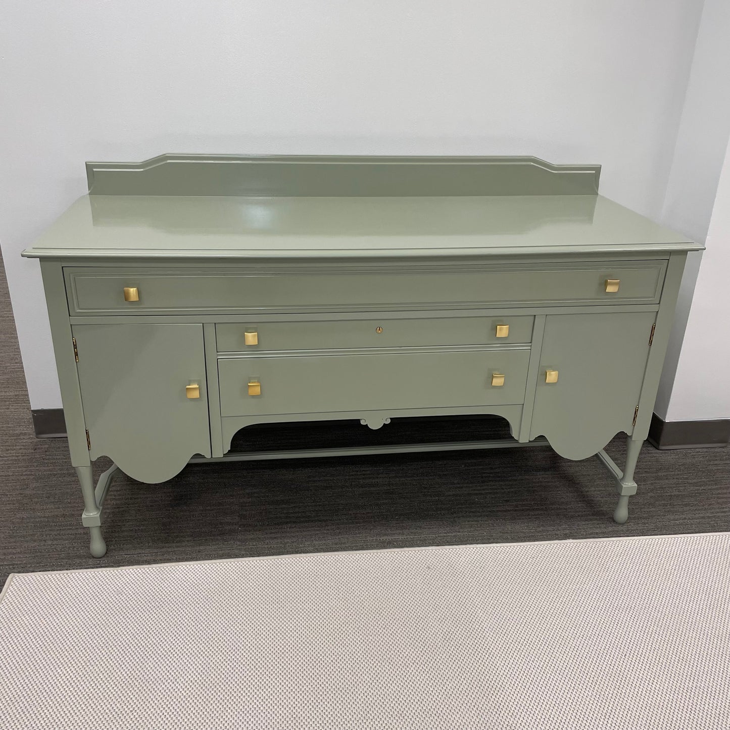 Lacquered Green Antique Wood Buffet w/ Gold Hardware