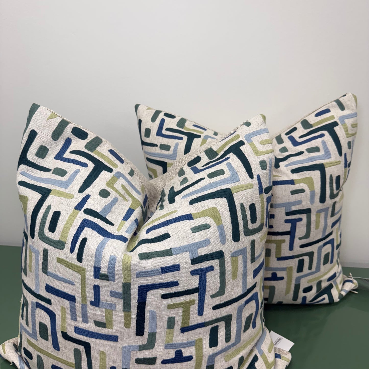 Taupe Linen Pillows with Blue + Green Geometric Design