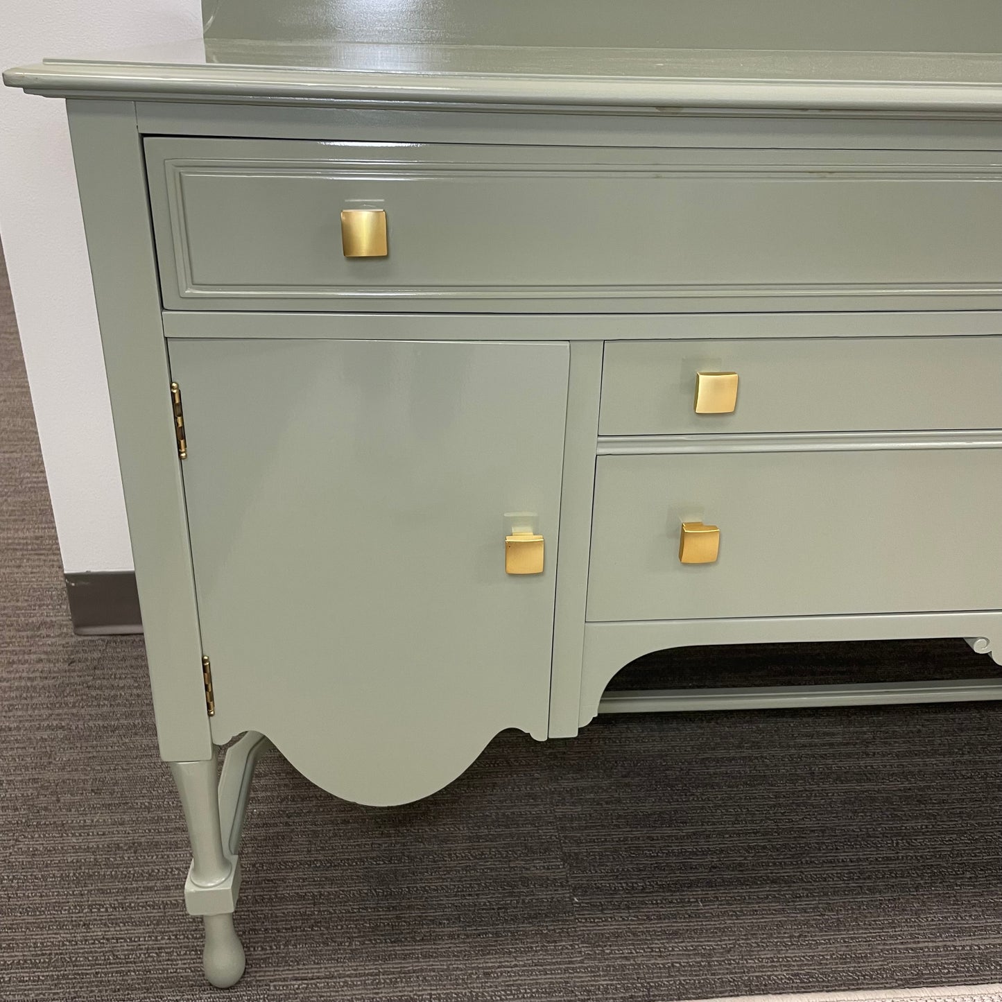 Lacquered Green Antique Wood Buffet w/ Gold Hardware