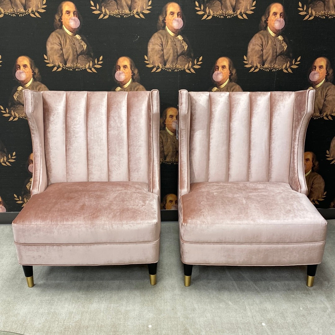 PAIR of Currey & Co pink velvet slipper chairs