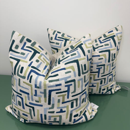 Taupe Linen Pillows with Blue + Green Geometric Design