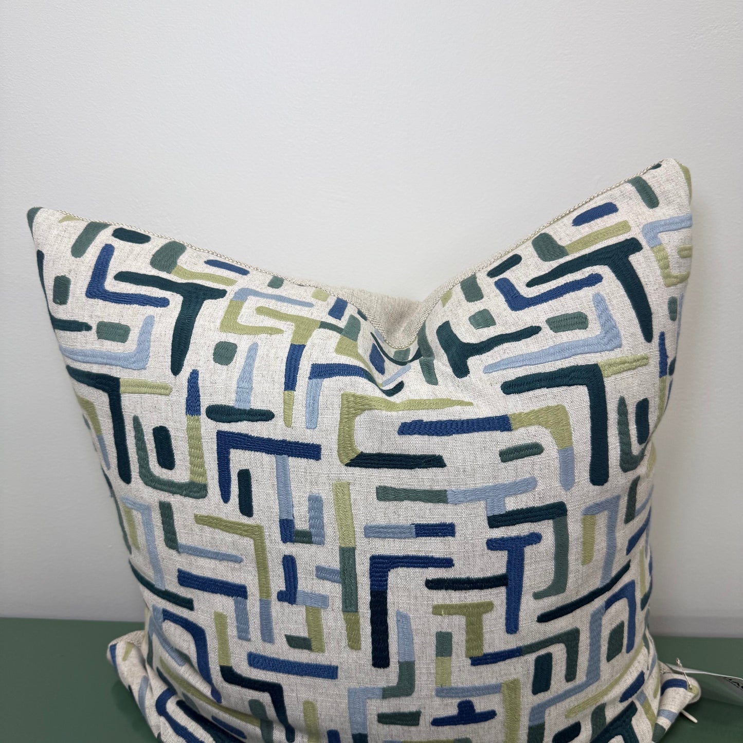 Taupe Linen Pillows with Blue + Green Geometric Design