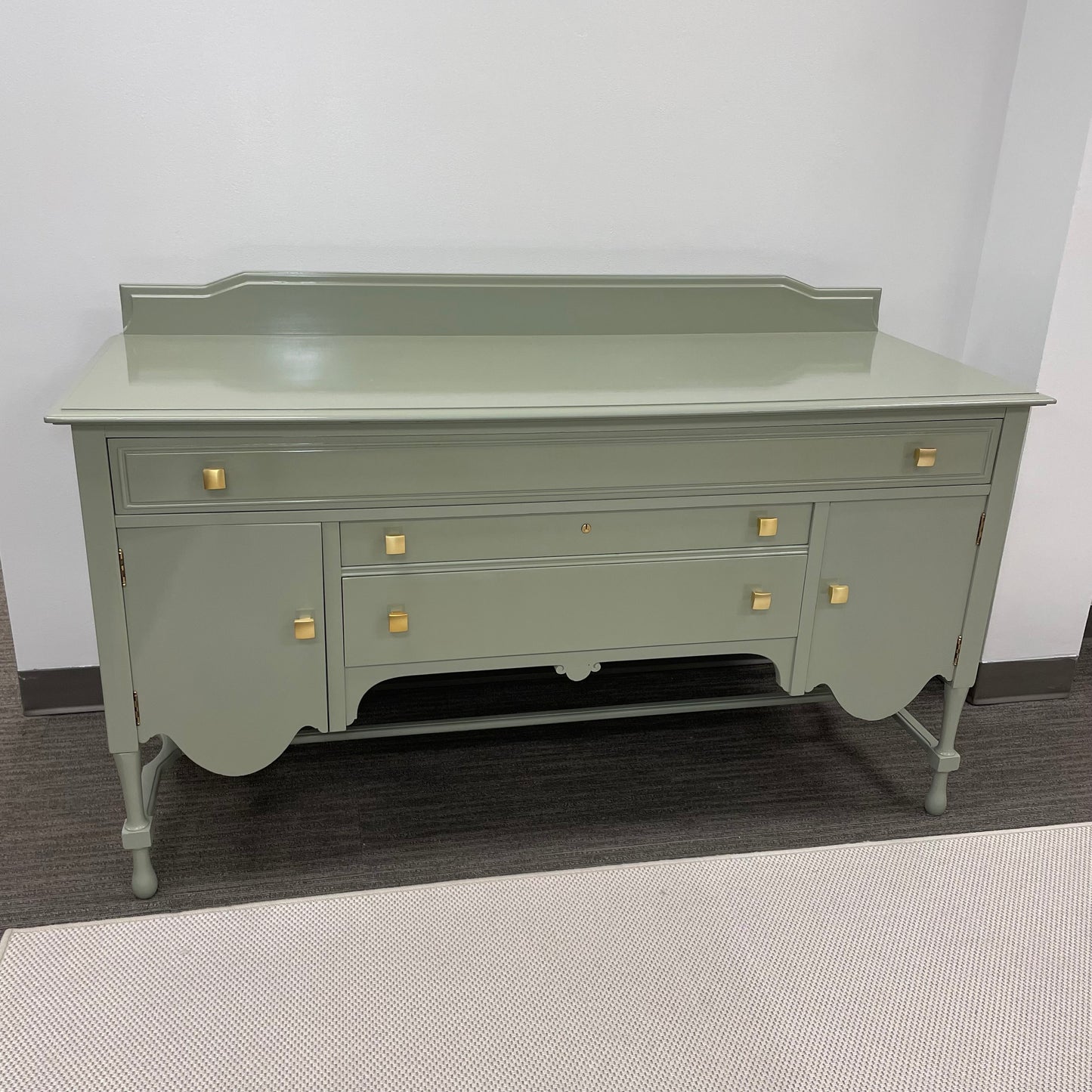 Lacquered Green Antique Wood Buffet w/ Gold Hardware