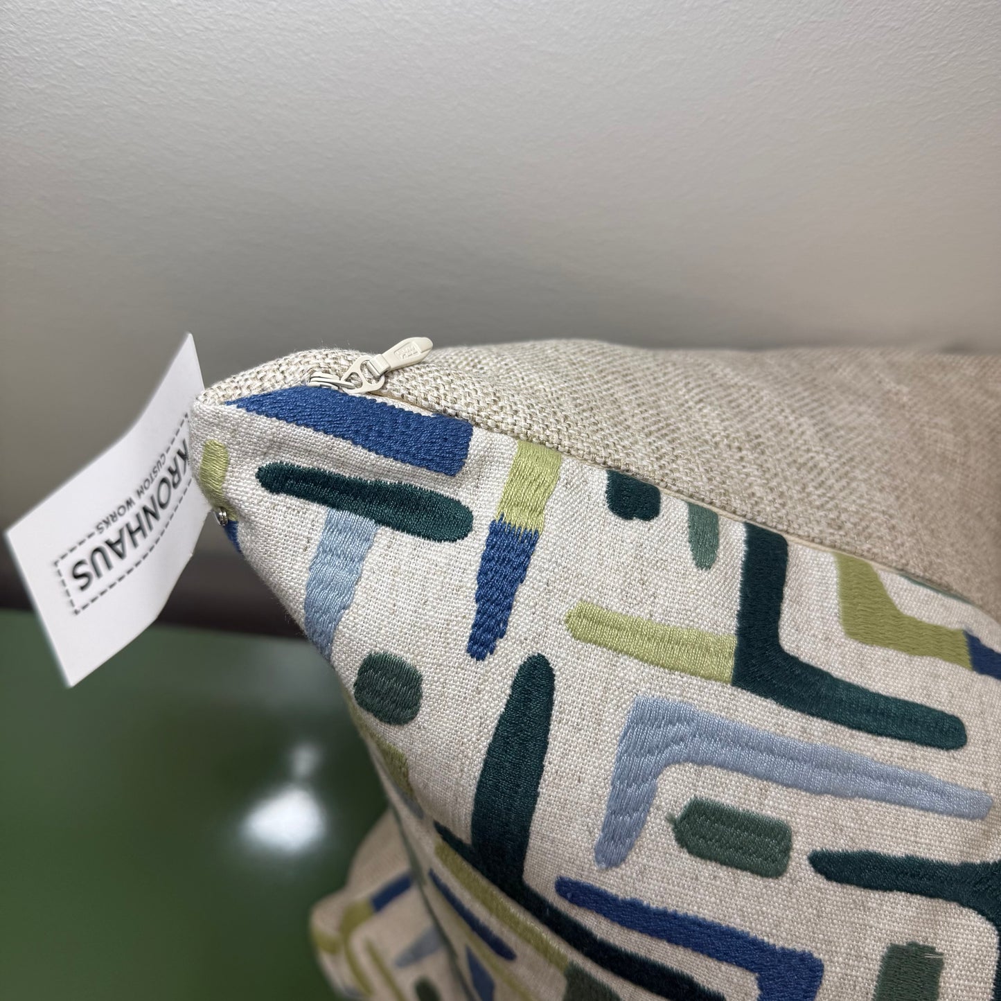 Taupe Linen Pillows with Blue + Green Geometric Design