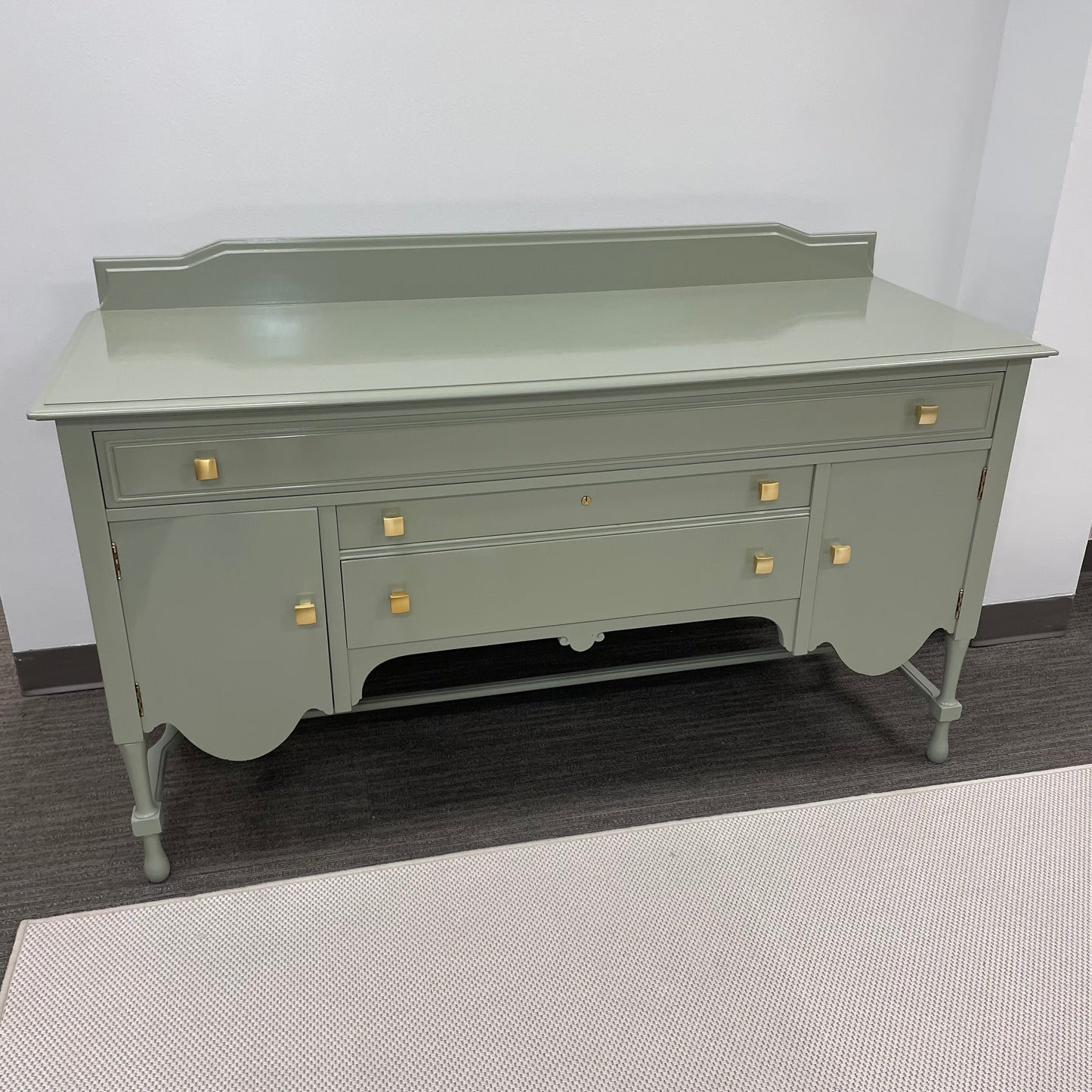 Lacquered Green Antique Wood Buffet w/ Gold Hardware