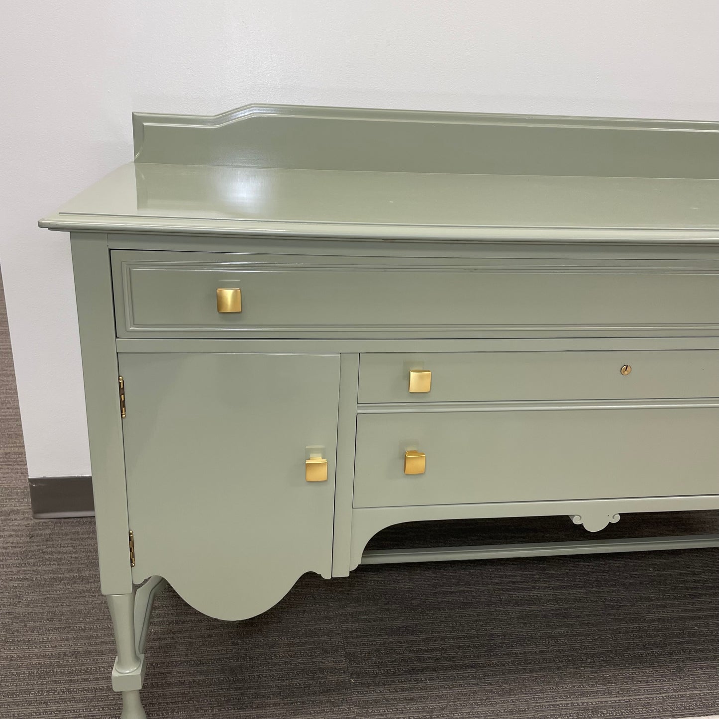 Lacquered Green Antique Wood Buffet w/ Gold Hardware