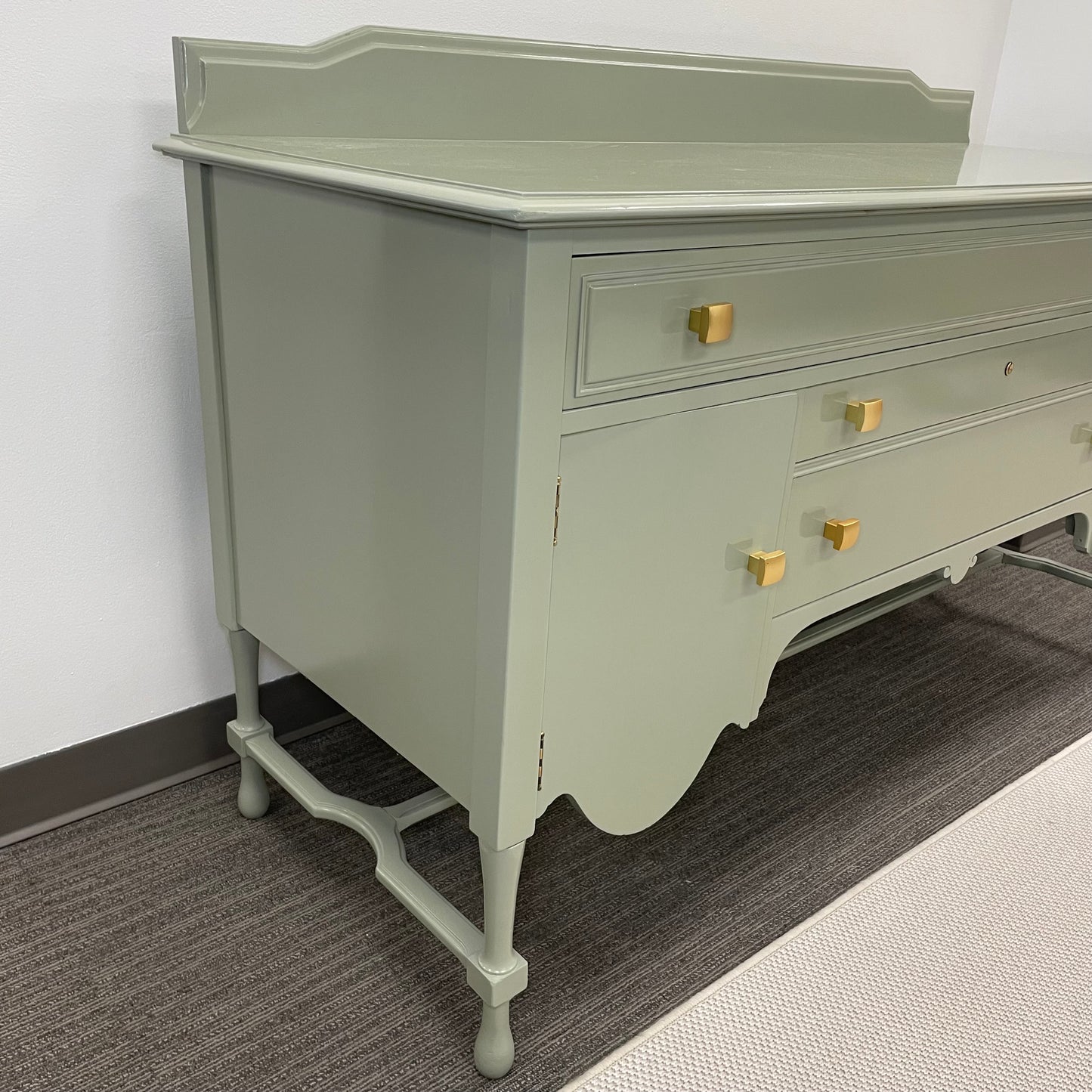 Lacquered Green Antique Wood Buffet w/ Gold Hardware