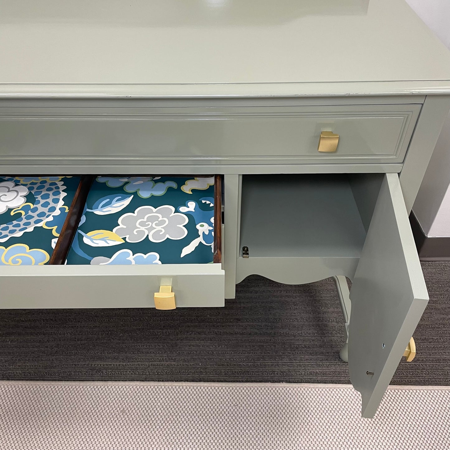 Lacquered Green Antique Wood Buffet w/ Gold Hardware