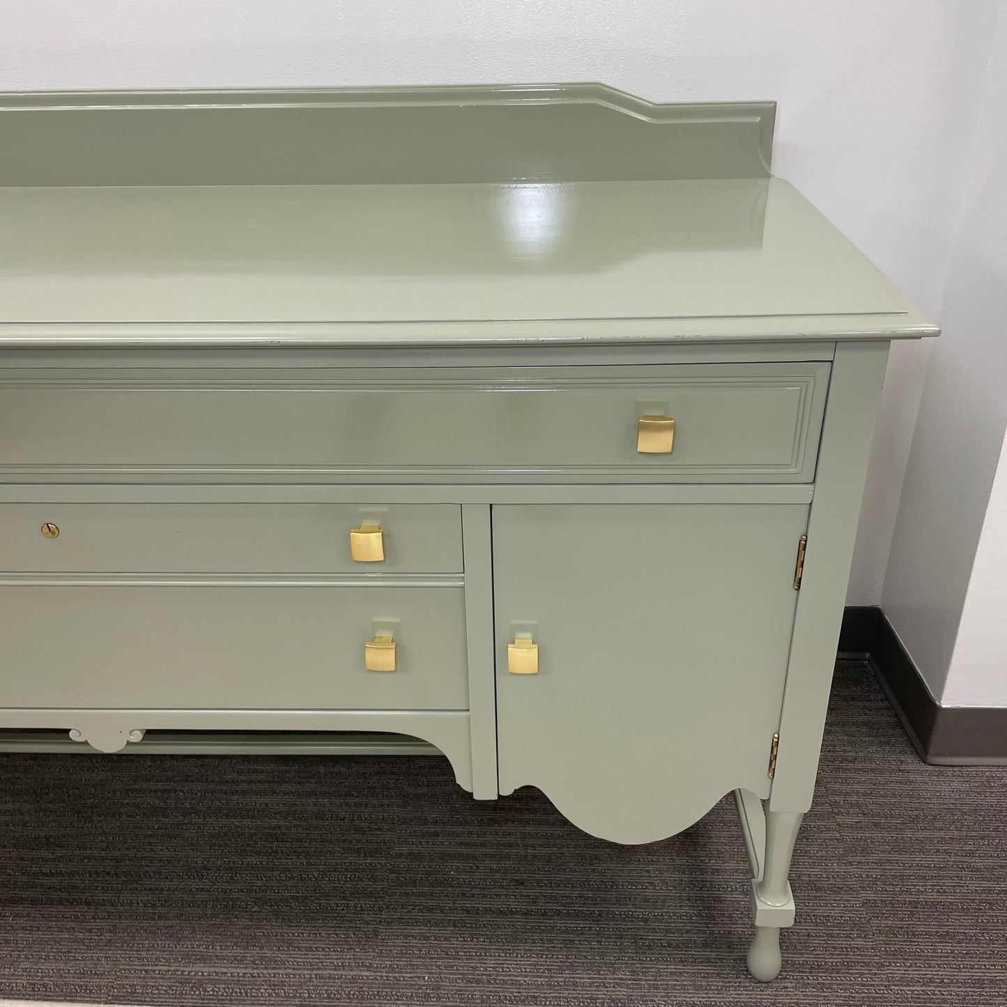 Lacquered Green Antique Wood Buffet w/ Gold Hardware