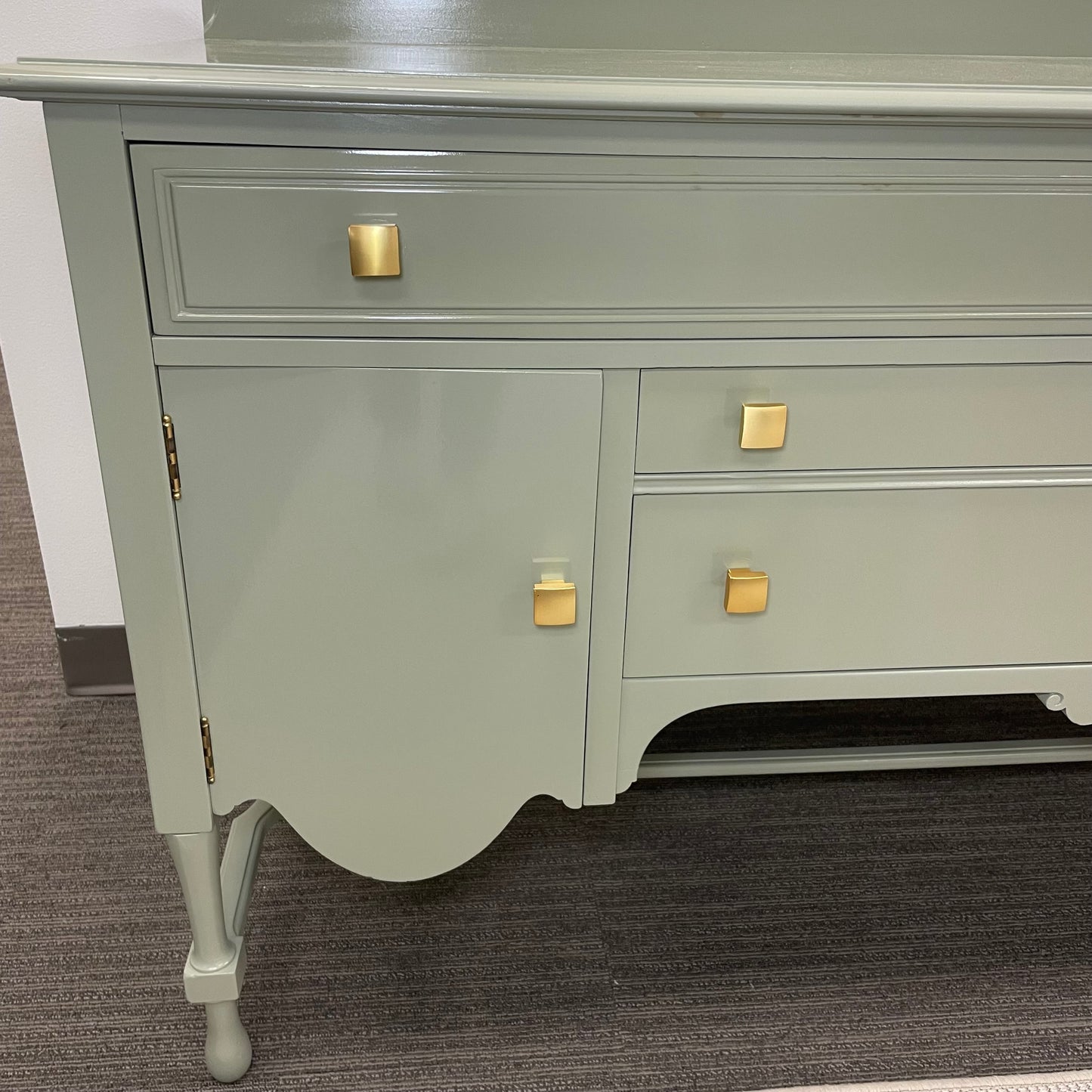 Lacquered Green Antique Wood Buffet w/ Gold Hardware